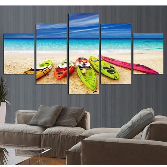 Beach With Kayaks View Canvas Wall Art Prints