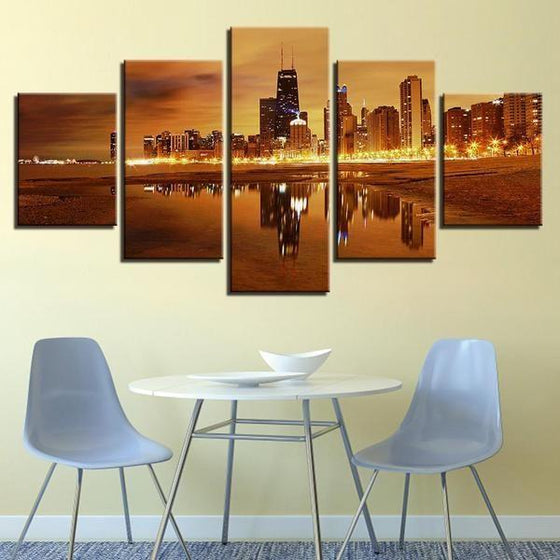 Chicago City Skyline At Sunset Canvas Wall Art