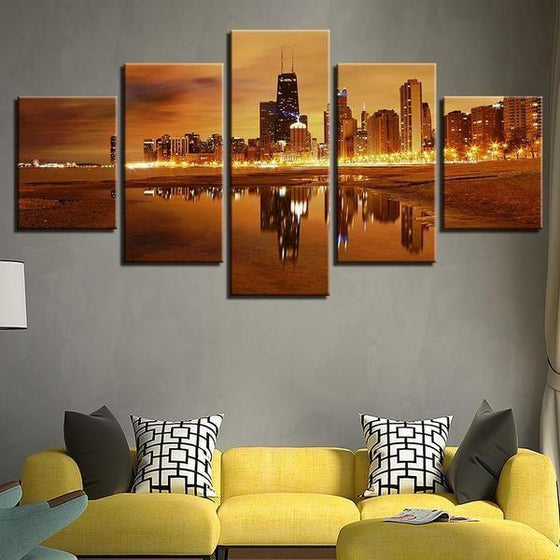 Chicago City Skyline At Sunset Canvas Wall Art Living Room