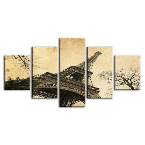 Vintage Eiffel Tower View 5 Panels Canvas Wall Art