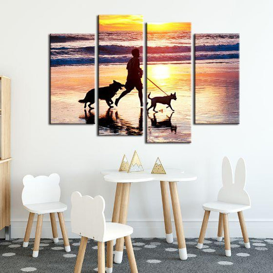 Walking Dogs Under Sunset 4 Panels Canvas Wall Art Kids Room