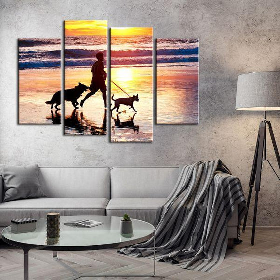Walking Dogs Under Sunset 4 Panels Canvas Wall Art Living Room