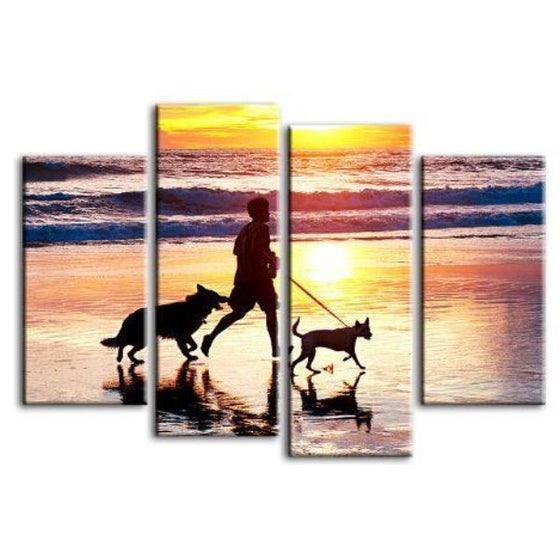 Walking Dogs Under Sunset 4 Panels Canvas Wall Art