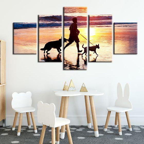 Walking Dogs Under Sunset 5 Panels Canvas Wall Art Kids Room