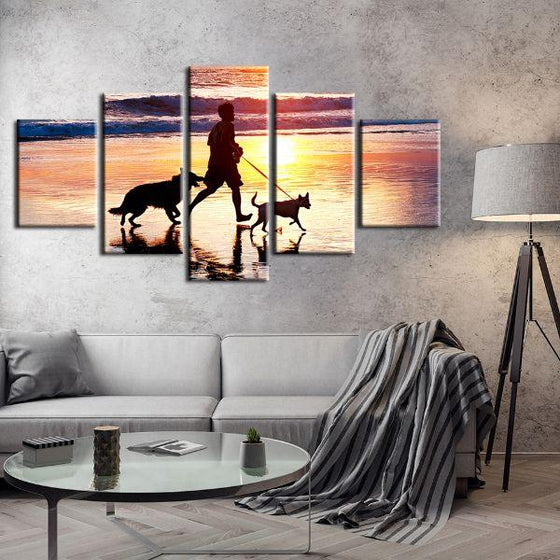 Walking Dogs Under Sunset 5 Panels Canvas Wall Art Living Room