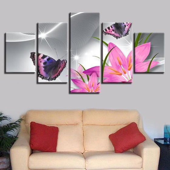 Pink Flowers With Butterflies Canvas Wall Art Living Room