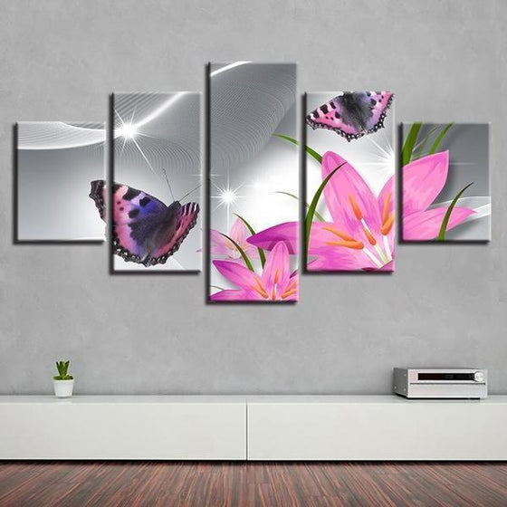 Pink Flowers With Butterflies Canvas Wall Art