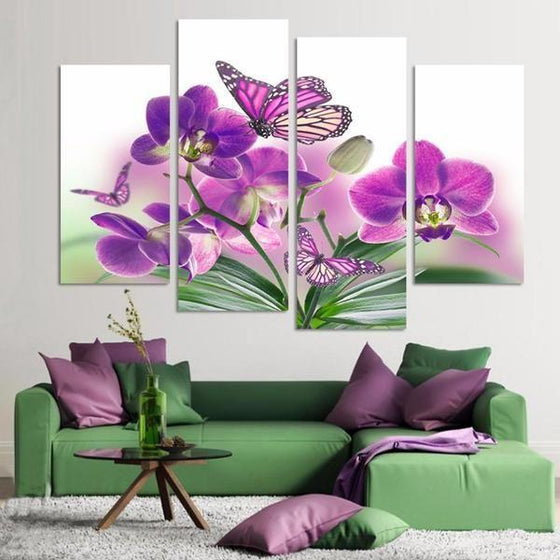 Purple Butterflies And Orchids Canvas Wall Art Living Room