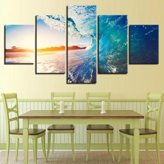Blue Beach Waves & Sunset Canvas Wall Art Dining Room