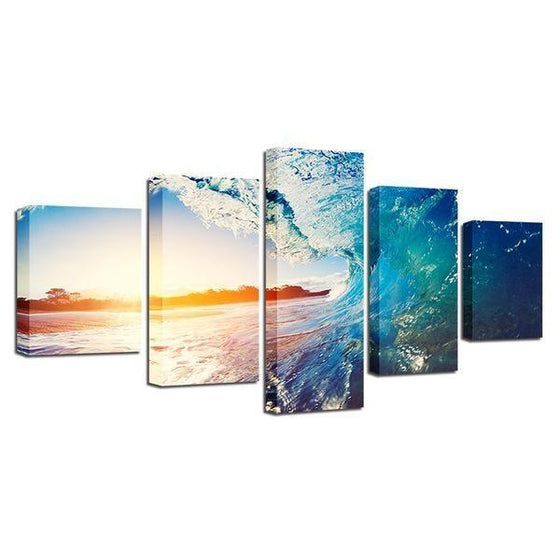 Blue Beach Waves & Sunset Canvas Wall Art Prints