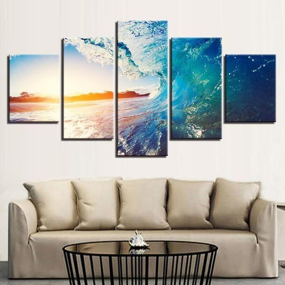 Blue Beach Waves & Sunset Canvas Wall Art Living Room