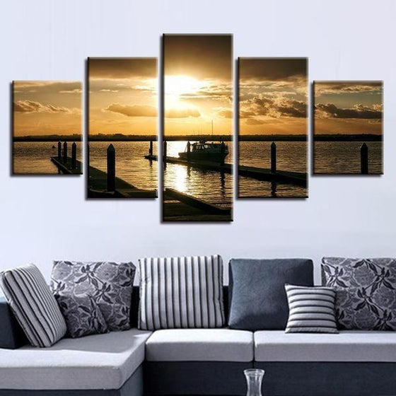 Docked Boat And Sunset Canvas Wall Art Decor