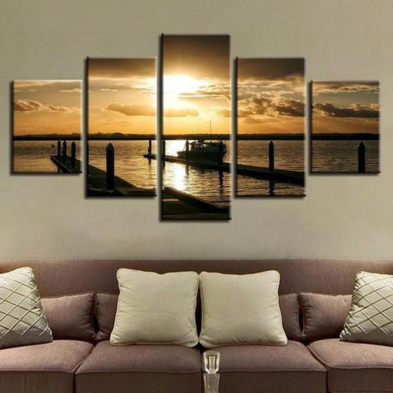 Docked Boat And Sunset Canvas Wall Art Living Room