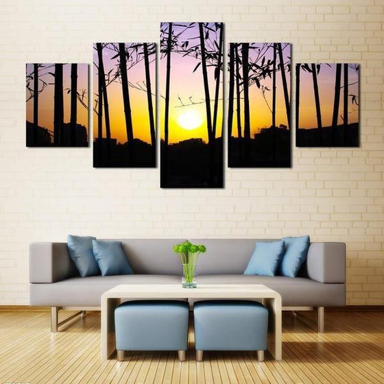 Bamboo Silhouettes & Sunset View Canvas Wall Art Living Room Decor