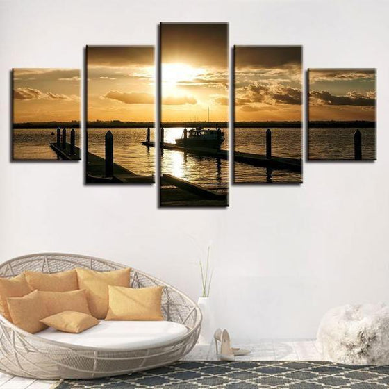 Docked Boat And Sunset Canvas Wall Art