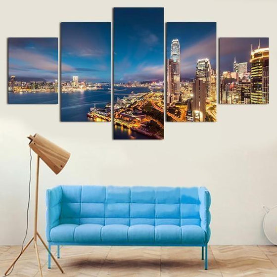 Bright City Lights & Blue Sky Canvas Wall Art Living Room