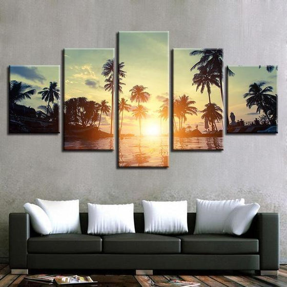 Coconut Trees Beach Sunset View Canvas Wall Art Living Room