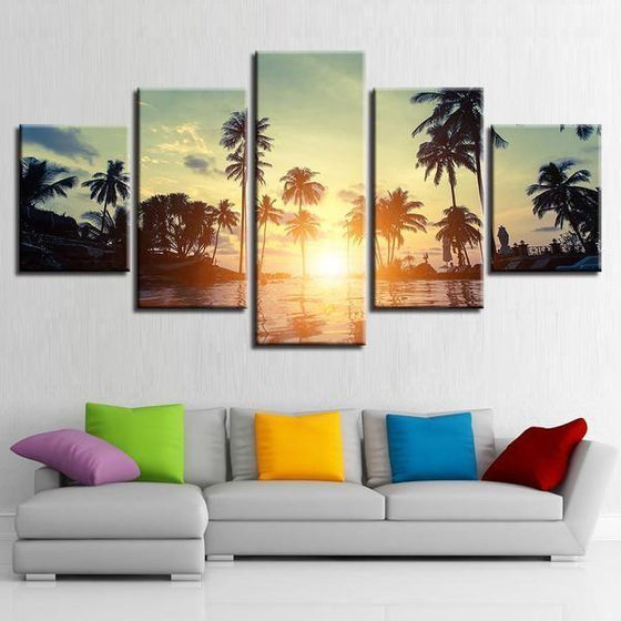 Coconut Trees Beach Sunset View Canvas Wall Art