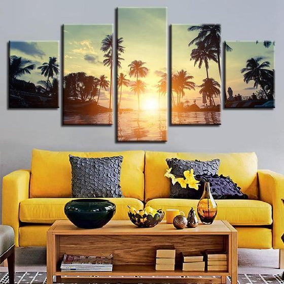 Coconut Trees Beach Sunset View Canvas Wall Art Decor