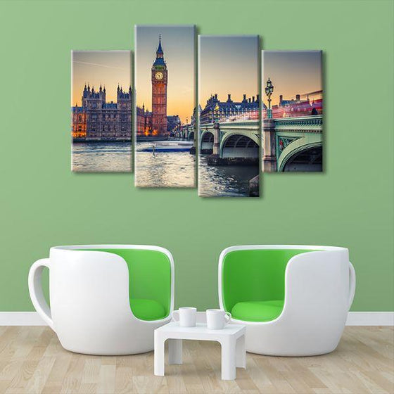 Westminster Bridge & Big Ben 4-Panel Canvas Wall Art Living Room