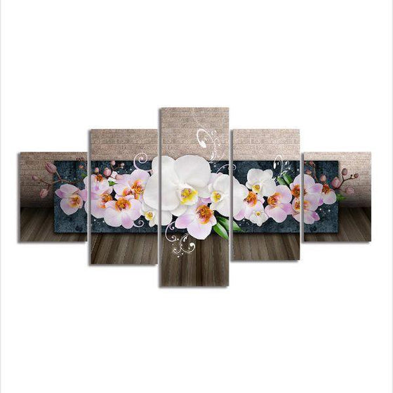 White Orchids 5 Panels Canvas Wall Art