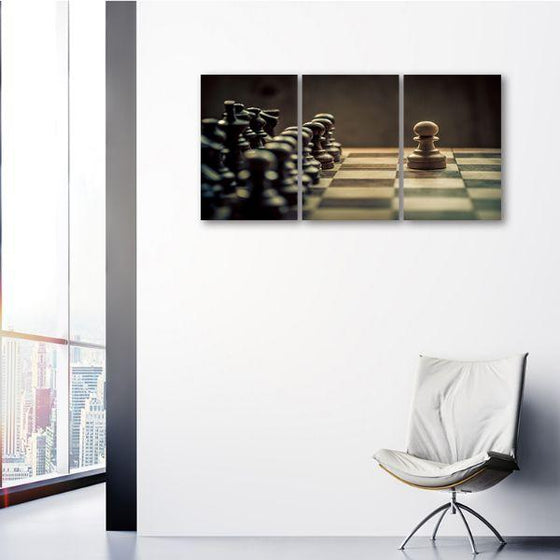 White Pawn Chess Piece 3 Panels Canvas Wall Art Bedroom