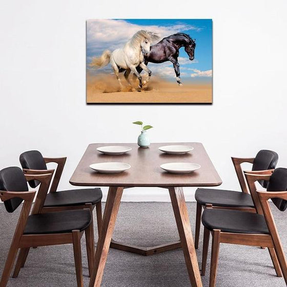 Wild Black & White Horses Canvas Wall Art Dining Room
