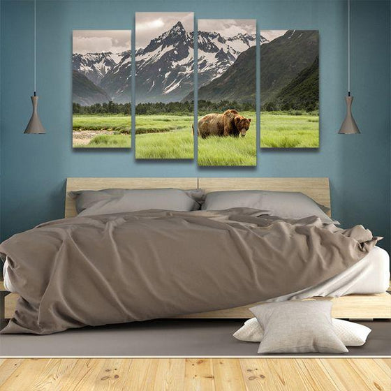 Wild Brown Bear 4 Panels Canvas Wall Art Bedroom