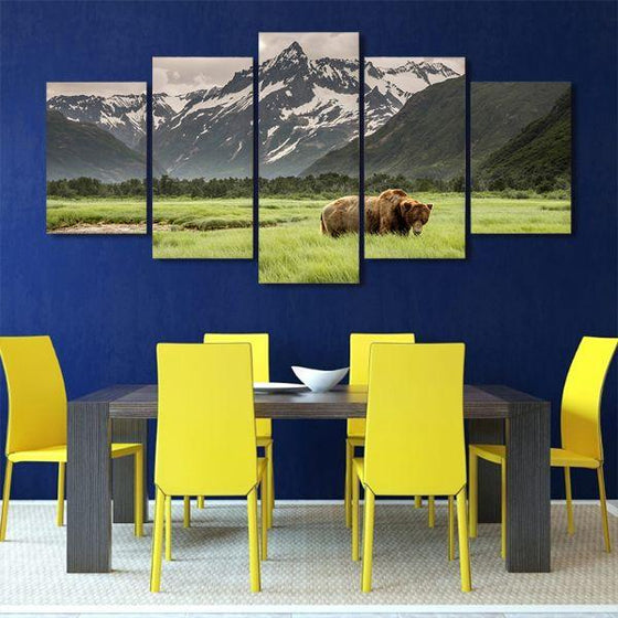 Wild Brown Bear 5 Panels Canvas Wall Art Dining Room
