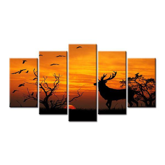 Wild Deer & An Orange Sunset Canvas Wall Art