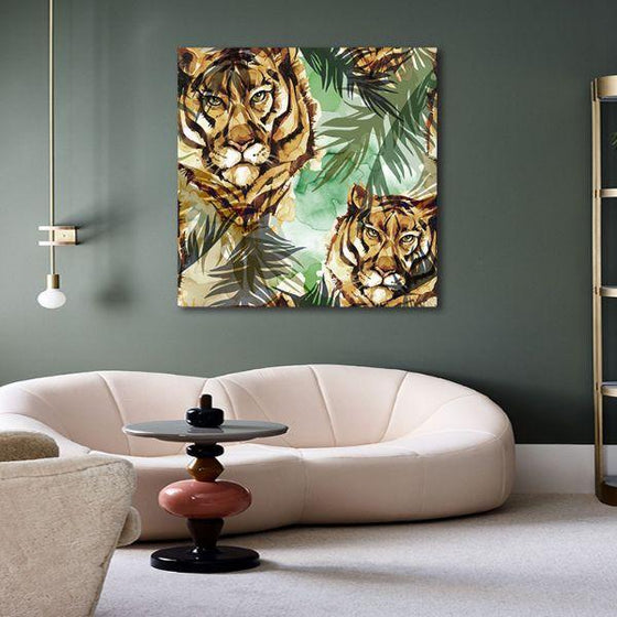 Wild Tigers & Tropical Leaves Canvas Wall Art Decor