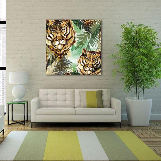 Wild Tigers & Tropical Leaves Canvas Wall Art Living Room
