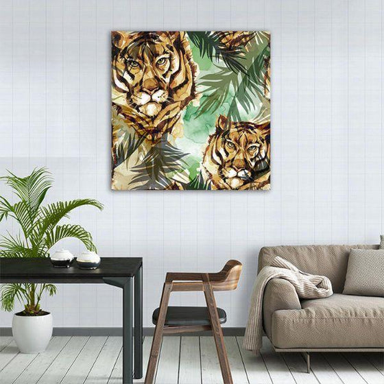 Wild Tigers & Tropical Leaves Canvas Wall Art Print