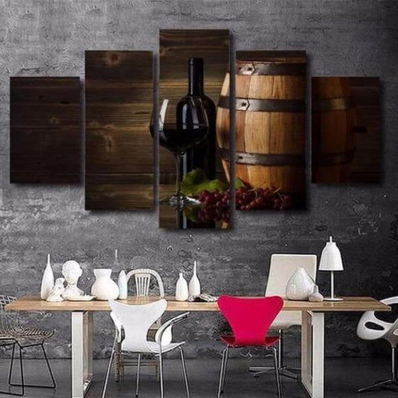 Red Wine Glass & Barrel Canvas Wall Art For Dining Table