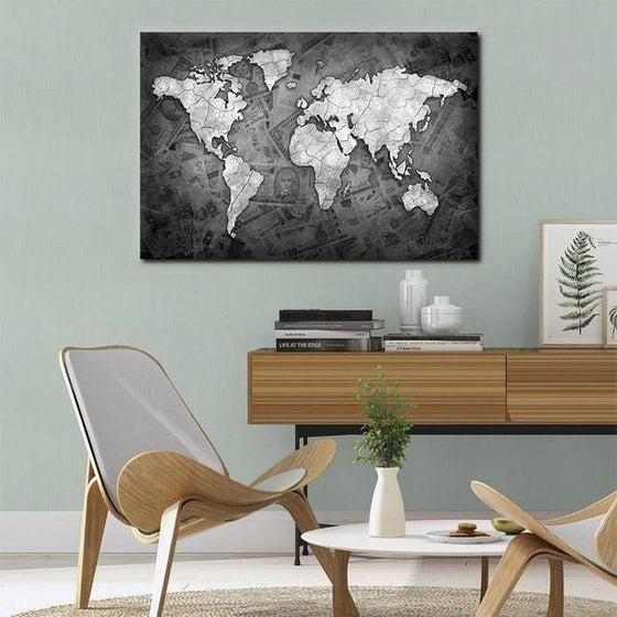 World Map On Dollar Bills Canvas Wall Art Bedroom