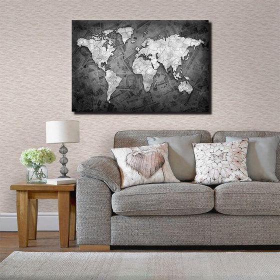 World Map On Dollar Bills Canvas Wall Art Print