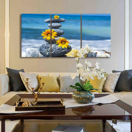 Zen Stones & Yellow Flowers 3 Panels Canvas Wall Art Living Room